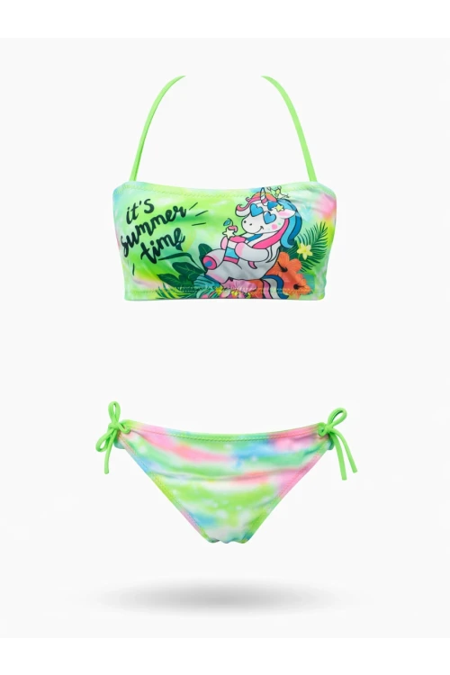 Kız Çocuk Neon Yeşil Desenli  2-8 Yaş Straplez Bikini Takım HZL24S-LC3652