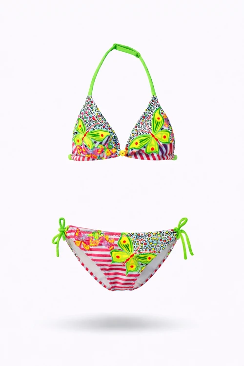 Kız Çocuk Pembe Kelebek Desenli  2-8 Yaş Üçgen Bikini Takım HZL24S-LC2134