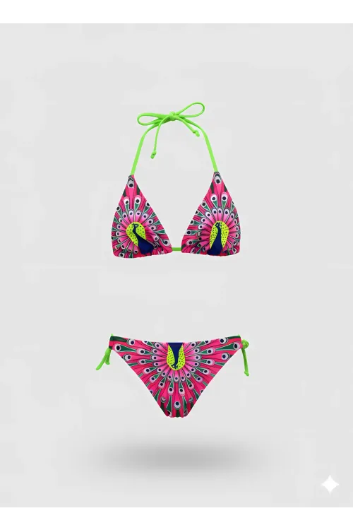Kız Çocuk Pembe Tavuz Kuşu Desenli  6-14 Yaş Üçgen Bikini Takım HZL24S-LC19017