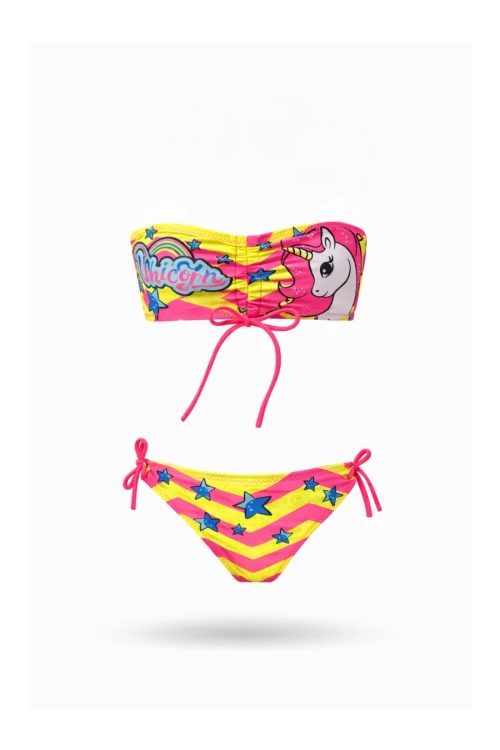Kız Çocuk Pembe Unicorn Desenli  2-8 Yaş Straplez Bikini Takım HZL24S-LC3658