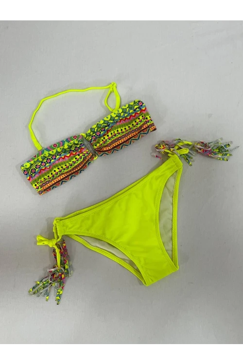 Kız Çocuk Sarı Çok Renkli  İp Detaylı Astarlı 4-12 Yaş Üçgen Bikini Takım HZL24S-LC1904