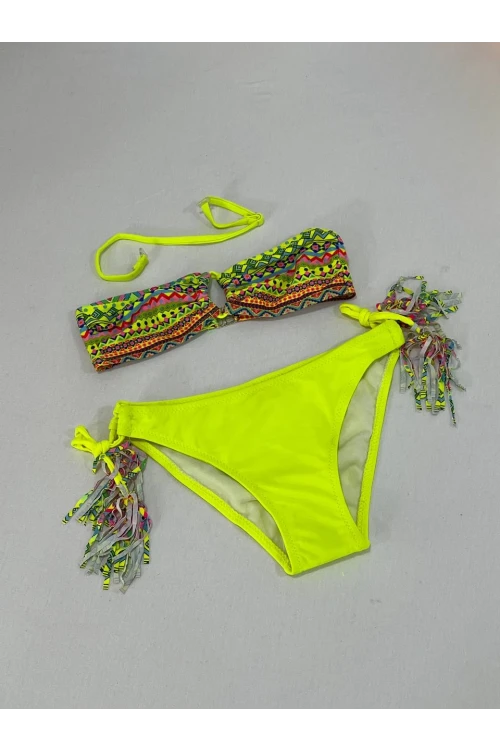 Kız Çocuk Sarı Çok Renkli  İp Detaylı Astarlı 4-12 Yaş Üçgen Bikini Takım HZL24S-LC1904