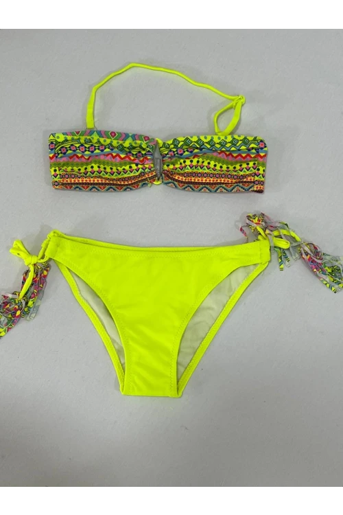 Kız Çocuk Sarı Çok Renkli  İp Detaylı Astarlı 4-12 Yaş Üçgen Bikini Takım HZL24S-LC1904