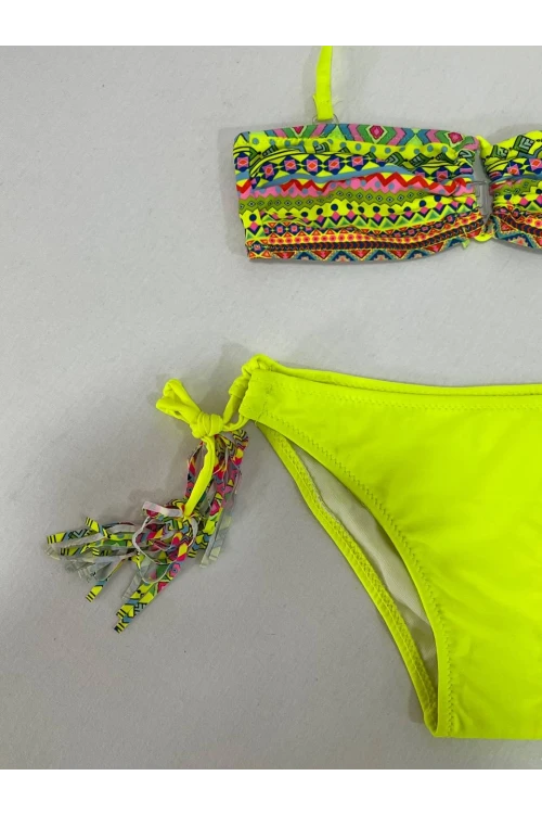 Kız Çocuk Sarı Çok Renkli  İp Detaylı Astarlı 4-12 Yaş Üçgen Bikini Takım HZL24S-LC1904