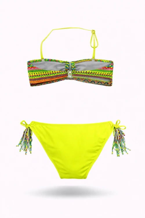 Kız Çocuk Sarı Çok Renkli  İp Detaylı Astarlı 4-12 Yaş Üçgen Bikini Takım HZL24S-LC1904
