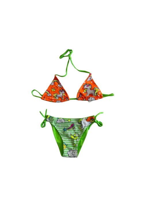 Kız Çocuk Turuncu Yeşil Unicorn Temalı Bikini Takım HZL25S-LC19049