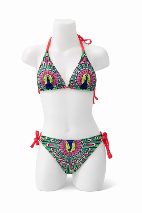 Kız Çocuk Yeşil Tavuz Kuşu Desenli  6-14 Yaş Üçgen Bikini Takım HZL24S-LC19017