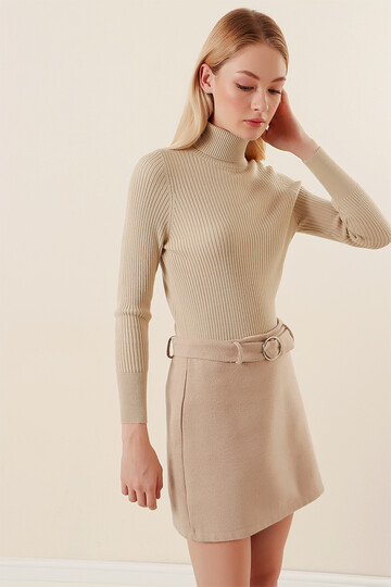 Kadın Bej Boğazlı Fitilli Triko Balıkçı Yaka Kazak HZL22W-BD1445001