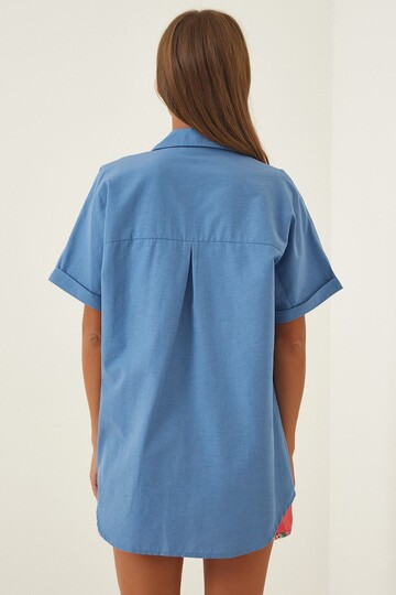 Kadın İndigo Oversize Uzun Kısa Kollu Basic Poplin Gömlek HZL22S-BD1201201