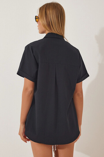 Kadın Siyah Oversize Uzun Kısa Kollu Basic Poplin Gömlek HZL22S-BD1201201