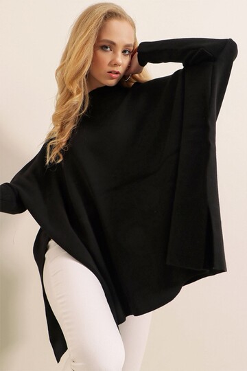 Kadın Siyah Oversize Yırtmaçlı Panço Triko Kazak  HZL23W-BD1100761