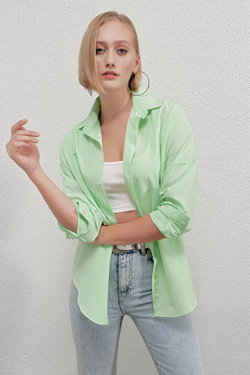 Kadın Açık Yeşil Oversize Uzun Basic Gömlek HZL22W-BD139001
