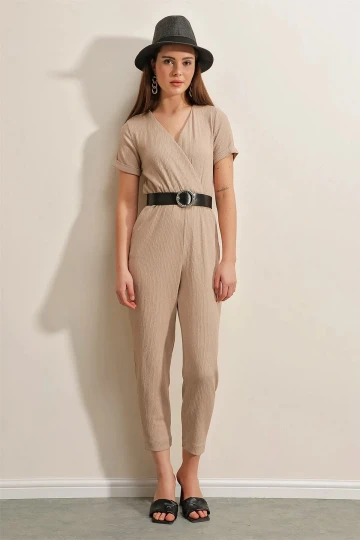 Kadın Bej Beli Lastikli V Yaka Deri Kemerli Örme Tulum HZL23S-BD170221