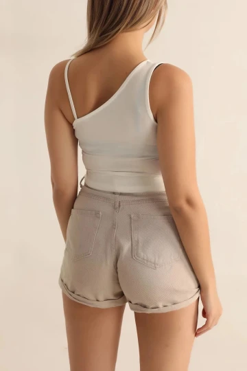 Kadın Beyaz Askılı Tek Omuz Likralı Crop Bluz HZL23S-SND120171