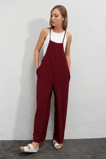 Kadın Bordo Ayarlanabilir Askılı Cepli Bol Paça Bahçıvan Tulum Hzl22s-bd170191