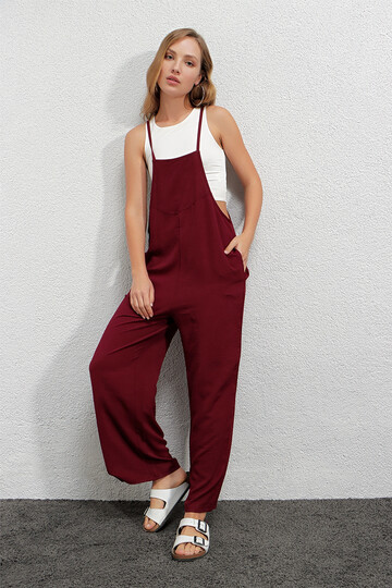 Kadın Bordo Ayarlanabilir Askılı Cepli Bol Paça Bahçıvan Tulum Hzl22s-bd170191