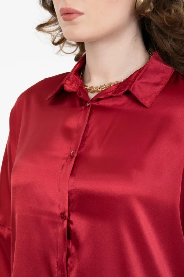 Kadın Bordo Oversize Dökümlü Saten Yüzeyli Gömlek HZL23S-BD139851