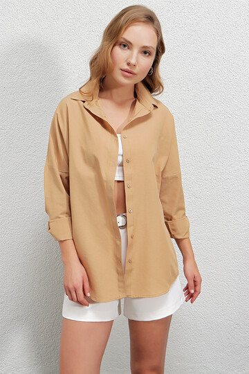Kadın Camel Oversize Uzun Basic Gömlek  HZL22W-BD139001