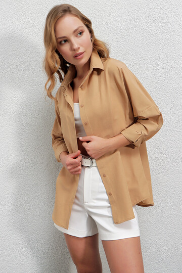 Kadın Camel Oversize Uzun Basic Gömlek  HZL22W-BD139001