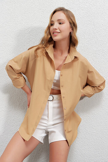 Kadın Camel Oversize Uzun Basic Gömlek  HZL22W-BD139001