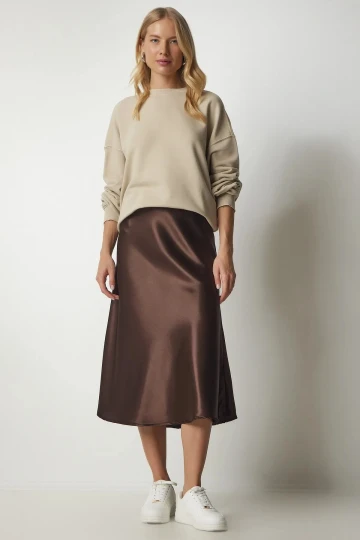 Kadın Çikolata Saten Yüzeyli Beli Lastikli Midi Boy Etek Hzl23s-bd1101471