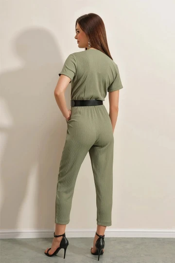 Kadın Haki Beli Lastikli  V Yaka Deri Kemerli Örme Tulum HZL23S-BD170221