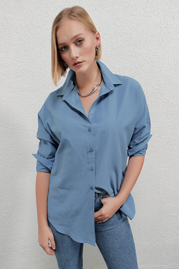 Kadın İndigo Mavi Oversize Uzun Basic Gömlek HZL22W-BD139001