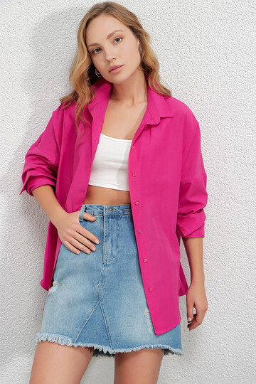 Kadın Koyu Pembe Oversize Uzun Basic Gömlek HZL22W-BD139001