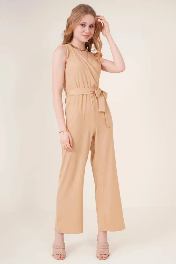 Kadın Krem Beli Lastikli Derin Kruvaze V Yaka Kemerli Örme Tulum HZL22S-BD170211