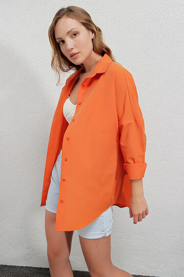 Kadın Oranj Oversize Uzun Basic Gömlek HZL22W-BD139001