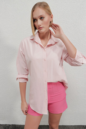 Kadın Pudra  Oversize Uzun Basic Gömlek HZL22W-BD139001