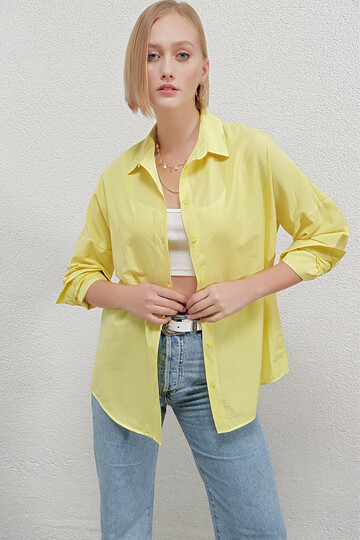 Kadın Sarı Oversize Uzun Basic Gömlek Hzl22w-bd139001