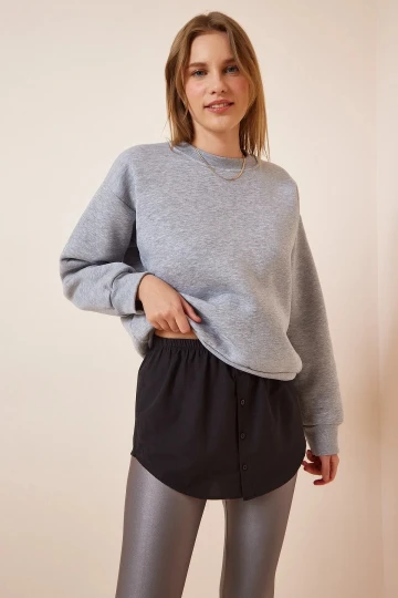 Kadın Siyah Beli Lastikli Düğme Detaylı Kazak ve Sweatshirt Altı Etek Poplin Gömlek HZL23S-BD118881