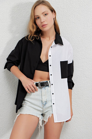 Kadın Siyah Beyaz Renk Bloklu Poplin Basic Gömlek HZL22S-BD1201161