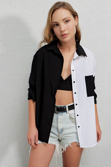Kadın Siyah Beyaz Renk Bloklu Poplin Basic Gömlek HZL22S-BD1201161