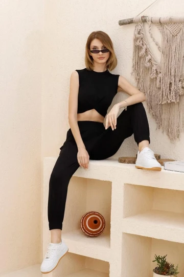 Kadın Siyah Önü Düğümlü Alt-Üst İkili Şalvar Takım HZL23S-SND120141