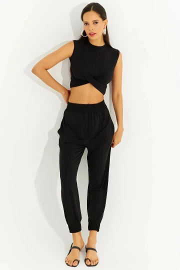 Kadın Siyah Önü Düğümlü Alt-Üst İkili Şalvar Takım HZL23S-SND120141