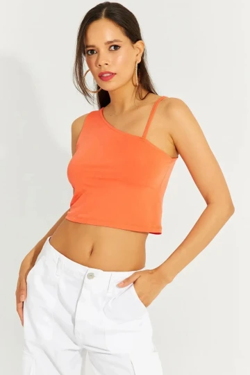 Kadın Turuncu Askılı Tek Omuz Likralı Crop Bluz HZL23S-SND120171