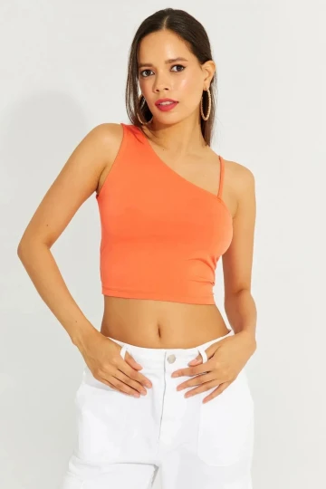 Kadın Turuncu Askılı Tek Omuz Likralı Crop Bluz HZL23S-SND120171