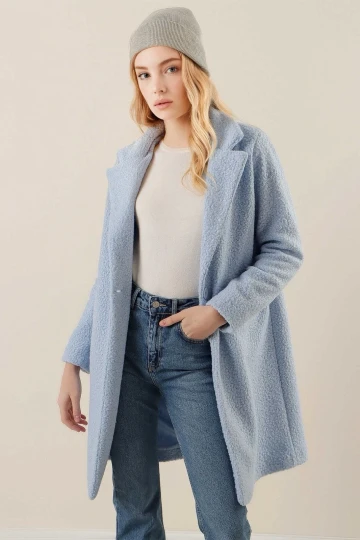 Kadın Bebe Mavi Tek Düğmeli Çift Cepli Astarlı Buklet Kaşe Kaban HZL22W-BD190821