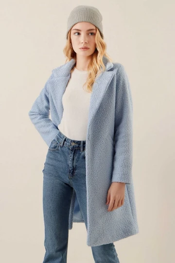 Kadın Bebe Mavi Tek Düğmeli Çift Cepli Astarlı Buklet Kaşe Kaban HZL22W-BD190821