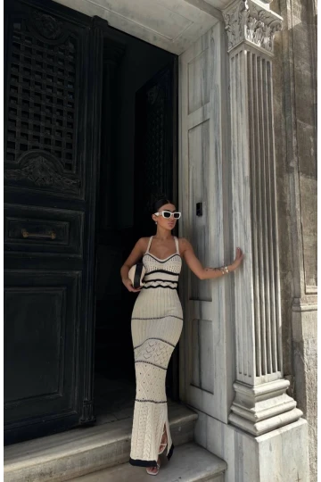 Kadın Bej Askılı Yırtmaç Detaylı Ajurlu Yazlık Uzun Triko Elbise HZL24S-VL1240461