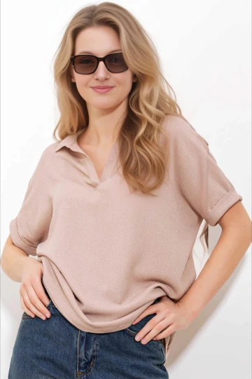 Kadın Bej Polo Yaka Geniş Kesim Örme Bluz HZL24S-BD104861