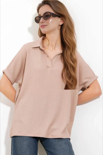 Kadın Bej Polo Yaka Geniş Kesim Örme Bluz HZL24S-BD104861