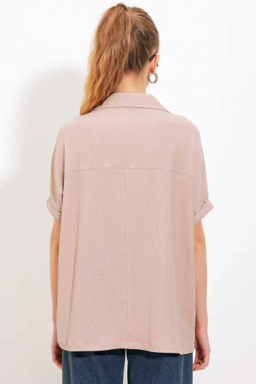 Kadın Bej Polo Yaka Geniş Kesim Örme Bluz HZL24S-BD104861