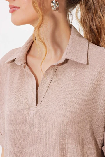 Kadın Bej Polo Yaka Geniş Kesim Örme Bluz HZL24S-BD104861