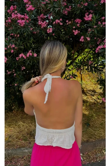 Kadın Beyaz Boyundan Bağlamalı Sırtı Açık Keten Bluz HZL24S-ZK11081