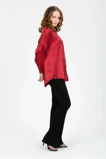 Kadın Bordo Oversize Dökümlü Saten Yüzeyli Gömlek HZL23S-BD139851