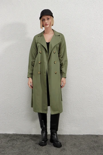 Kadın Çağla Kruvaze Yaka Kemerli Astarsız Mevsimlik Rahat Trençkot  HZL22S-BD158531