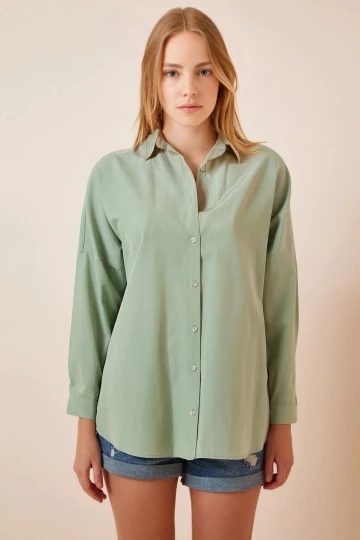 Kadın Çağla Yeşili Oversize Uzun Basic Gömlek Hzl22w-bd139001